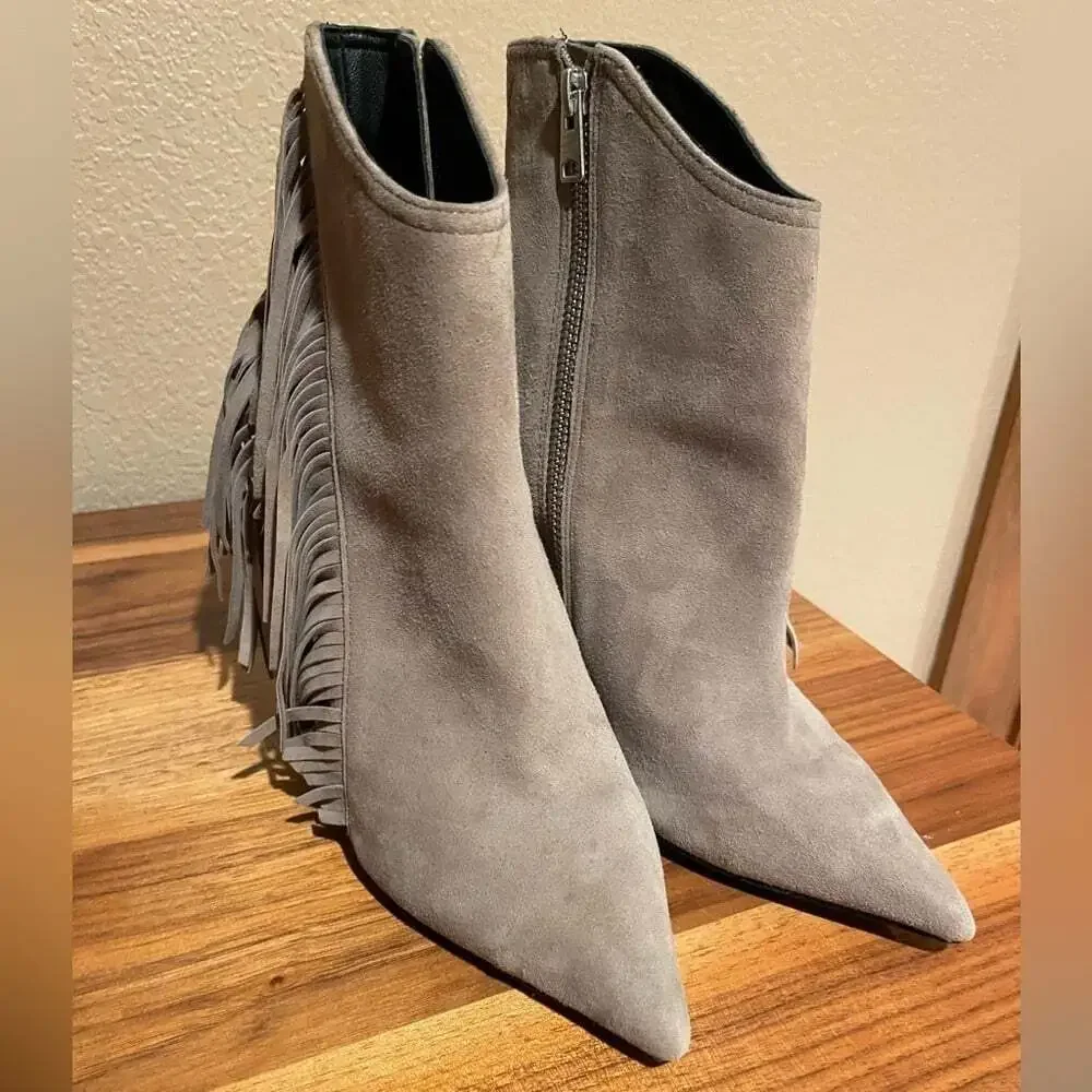 All Saints Gray Fall Fringe Suede Ankle Booties Sz 7